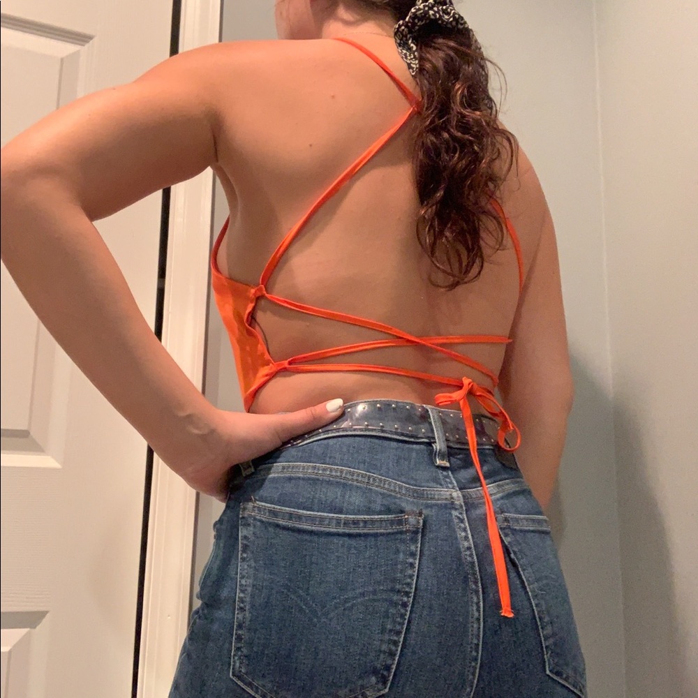 Neon Orange Satin Open Back Strappy Crop Top Tank